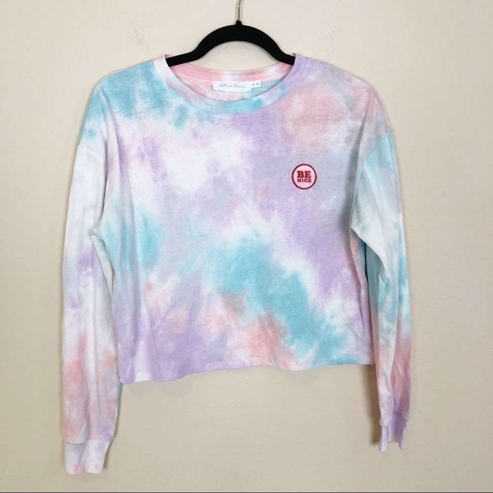 New All in Favor Nordstrom Tie Dye Cropped Long Sleeve Cotton Tee Be Nice Patch